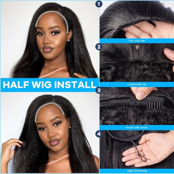 3 in 1 Half Wig Synthetic Kinky Straight 200 Density 20 inch Glueless 1B Black - Picture 10 of 10